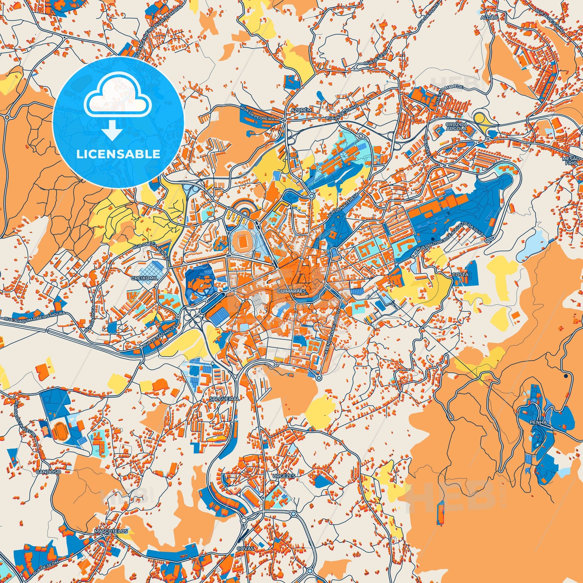 Colorful Guimarães Street Map with Labels and Buildings