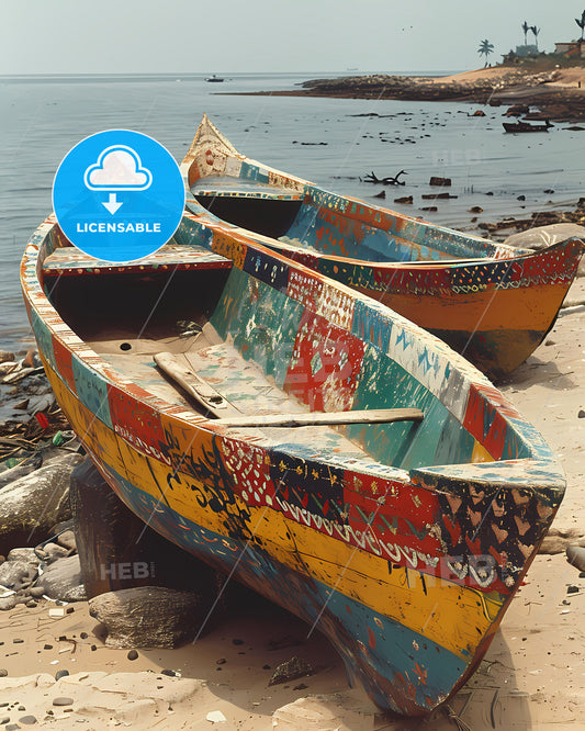 Vibrant Art Painting of Two Boats on Guinea-Bissau, Africa Beach: African Art, Landscape, Travel, Tourism