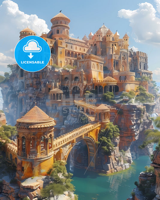 Vibrant Painting Depicting Majestic Castle Perched on a Rocky Hilltop in the Heart of Guinea, Africa