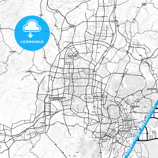 Guiyang, China light map with streetnames, citynames and districts