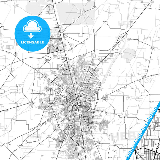 Gujranwala, Pakistan light map with streetnames, citynames and districts