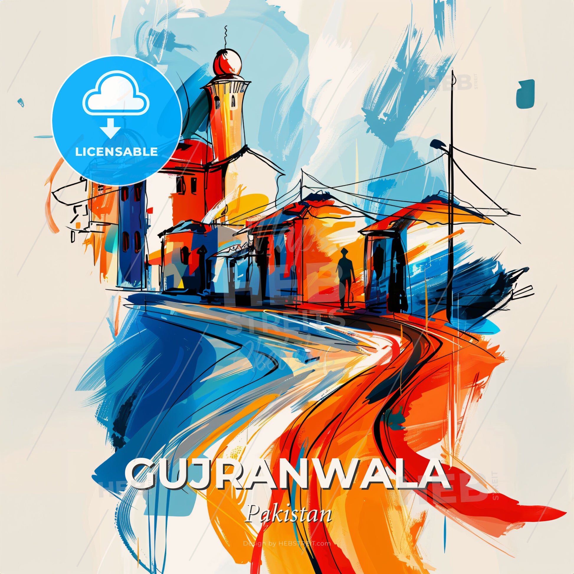 Vibrant Gujranwala, Pakistan - A Painting Of A Street With Buildings And A Person Walking - Square format print template