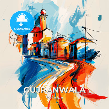 Vibrant Gujranwala, Pakistan - A Painting Of A Street With Buildings And A Person Walking - Square format print template