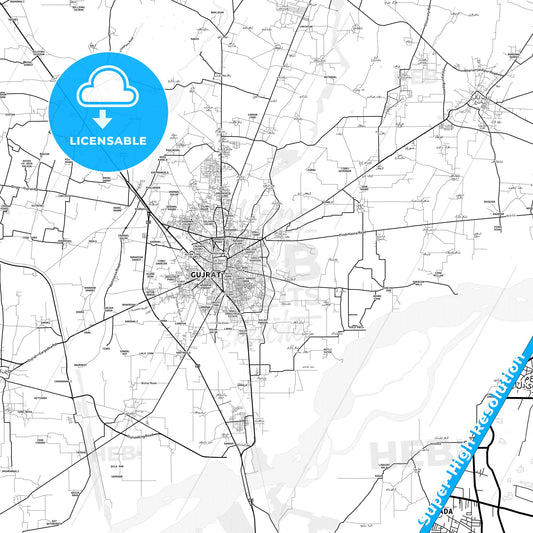 Gujrat, Pakistan light map with streetnames, citynames and districts