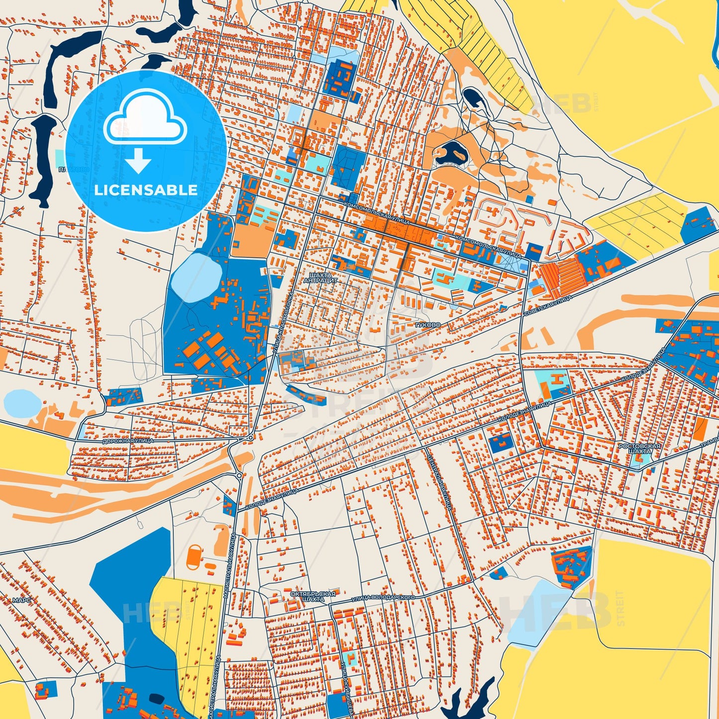 Colorful Gukovo Street Map with Labels and Buildings