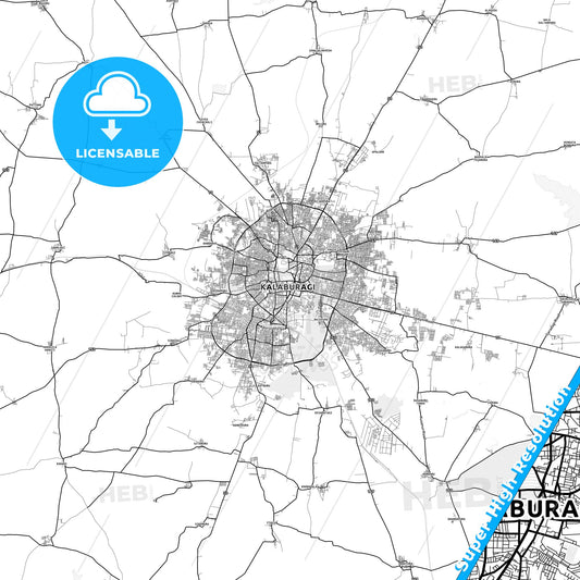 Gulbarga, India light map with streetnames, citynames and districts