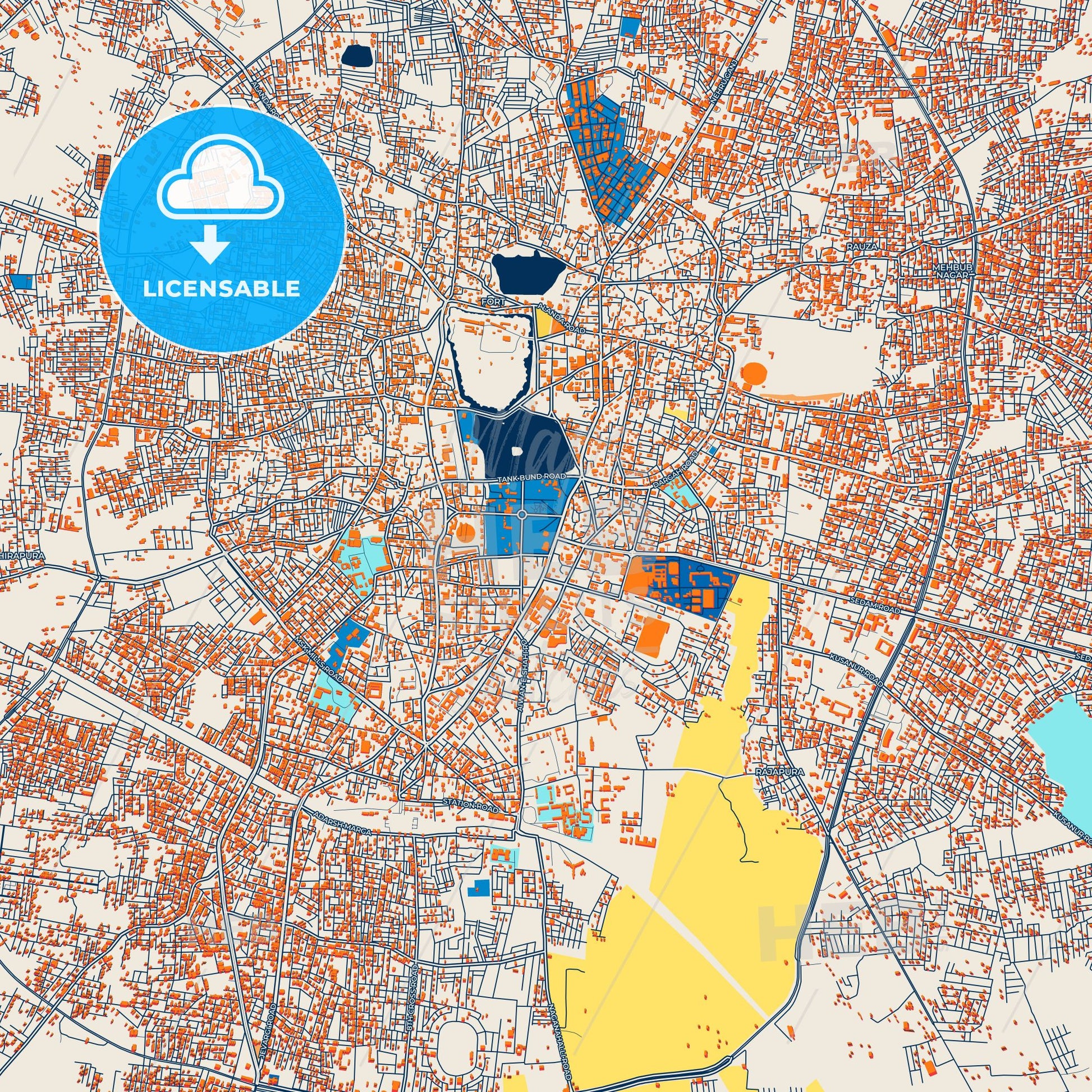 Colorful Gulbarga Street Map with Labels and Buildings