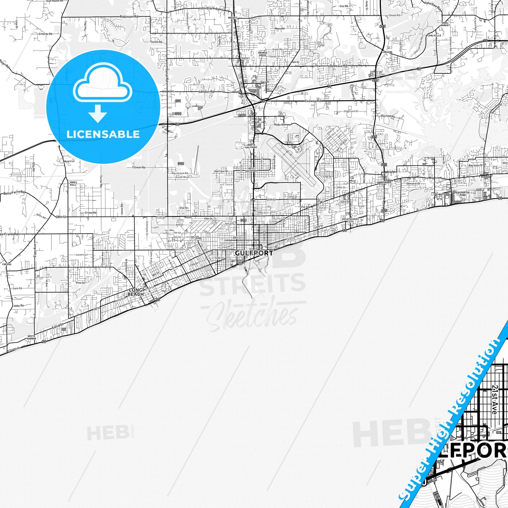 Gulfport, Mississippi light map with streetnames, citynames and districts