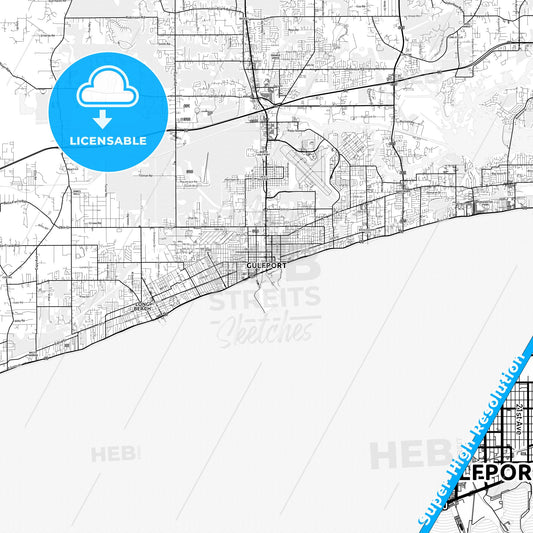 Gulfport, Mississippi light map with streetnames, citynames and districts