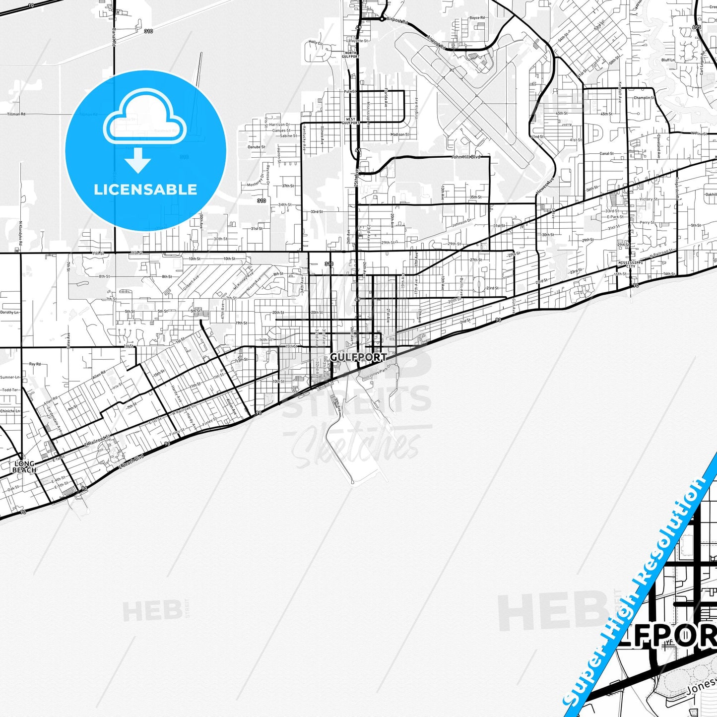 Gulfport, Mississippi Light Map with Street Names, City Names, and Districts