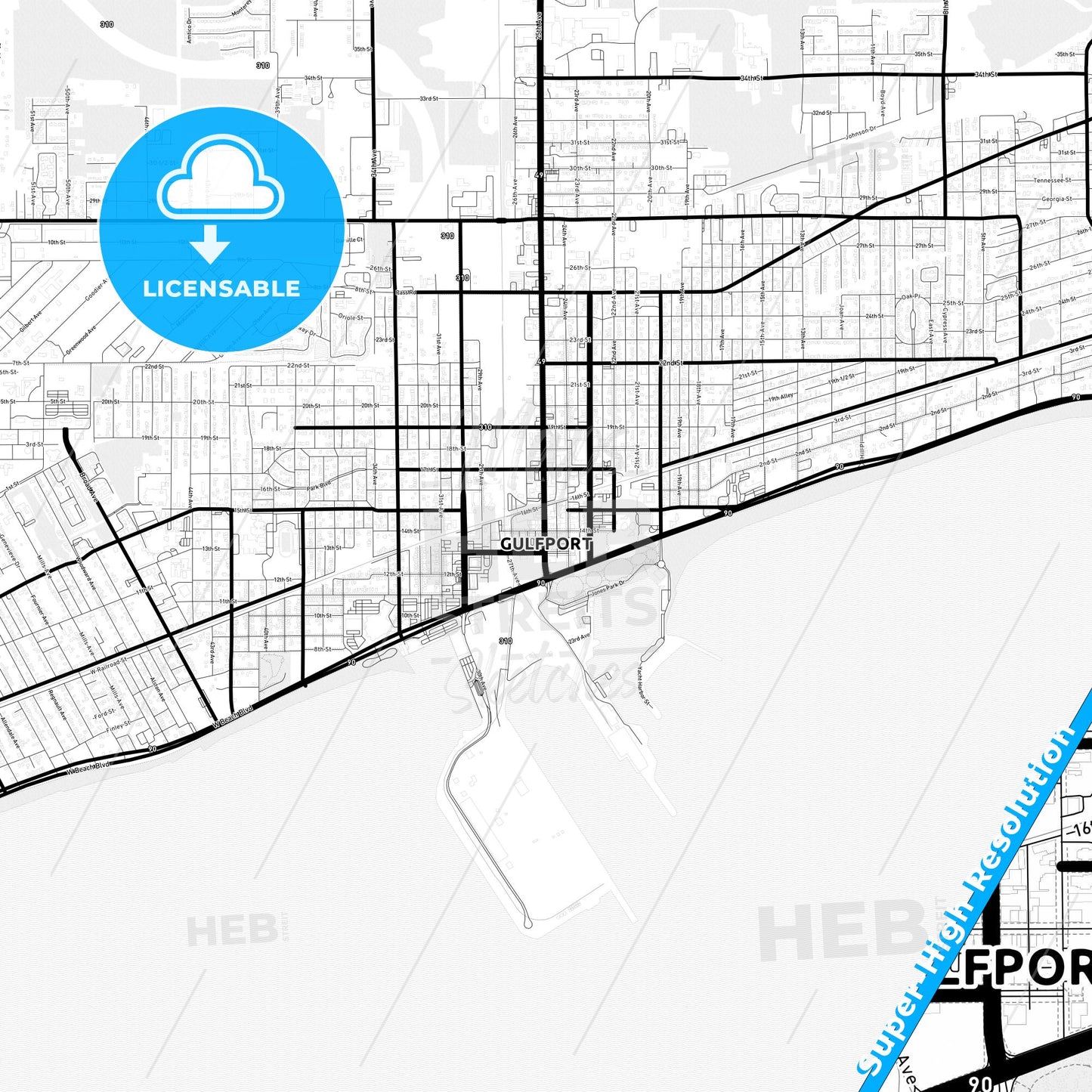Gulfport, Mississippi Light Map with Street Names, City Names, and Districts