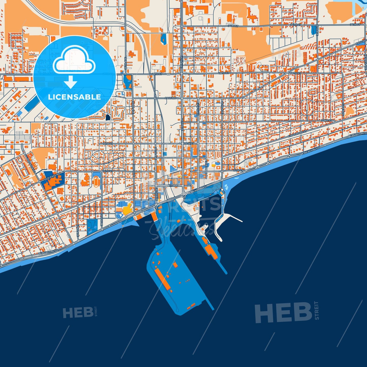 Colorful Gulfport Street Map with Labels and Buildings