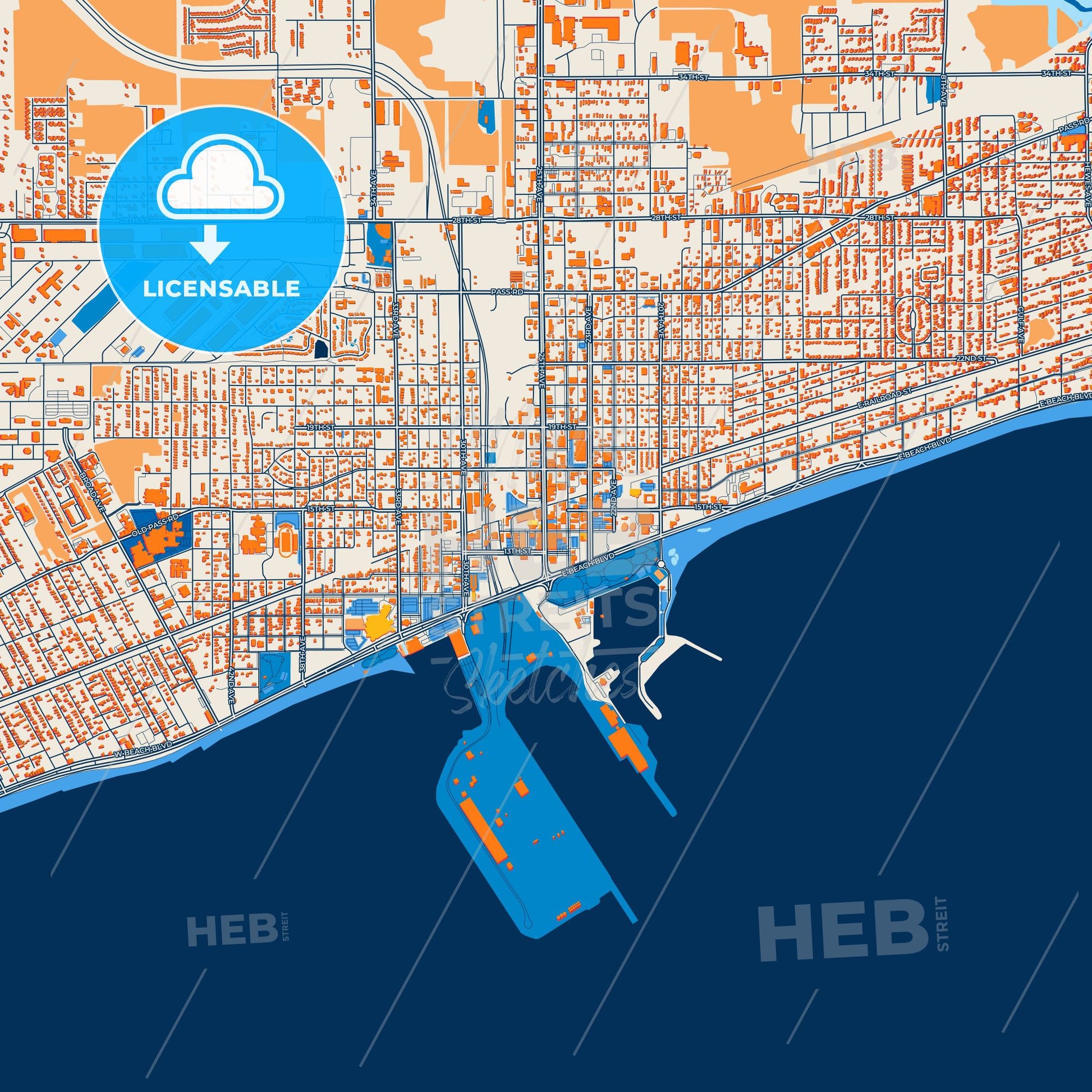 Colorful Gulfport Street Map with Labels and Buildings