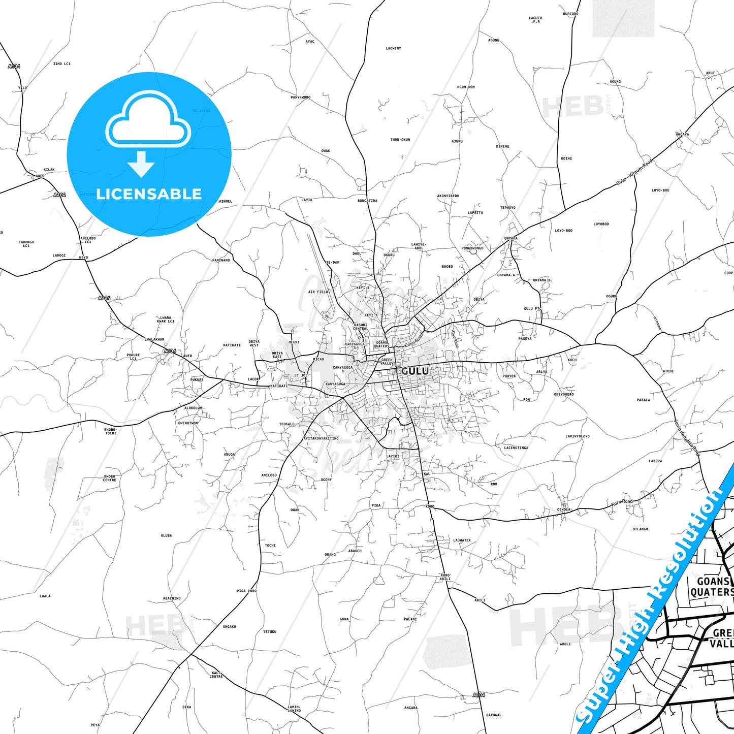 Gulu, Uganda light map with streetnames, citynames and districts