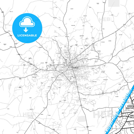 Gulu, Uganda light map with streetnames, citynames and districts