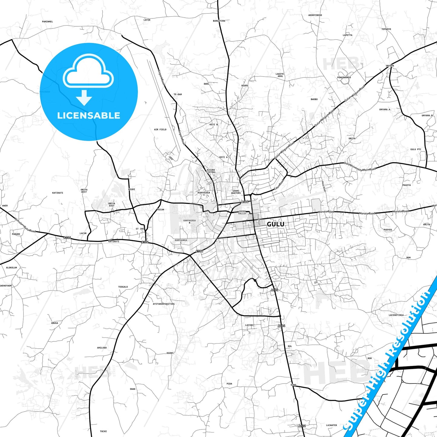 Gulu, Uganda Light Map with Street Names, City Names, and Districts