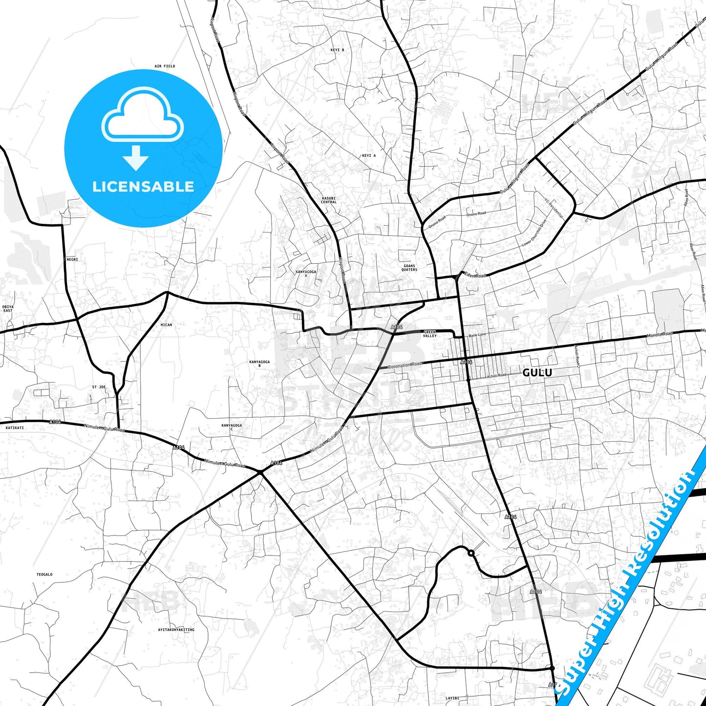Gulu, Uganda Light Map with Street Names, City Names, and Districts