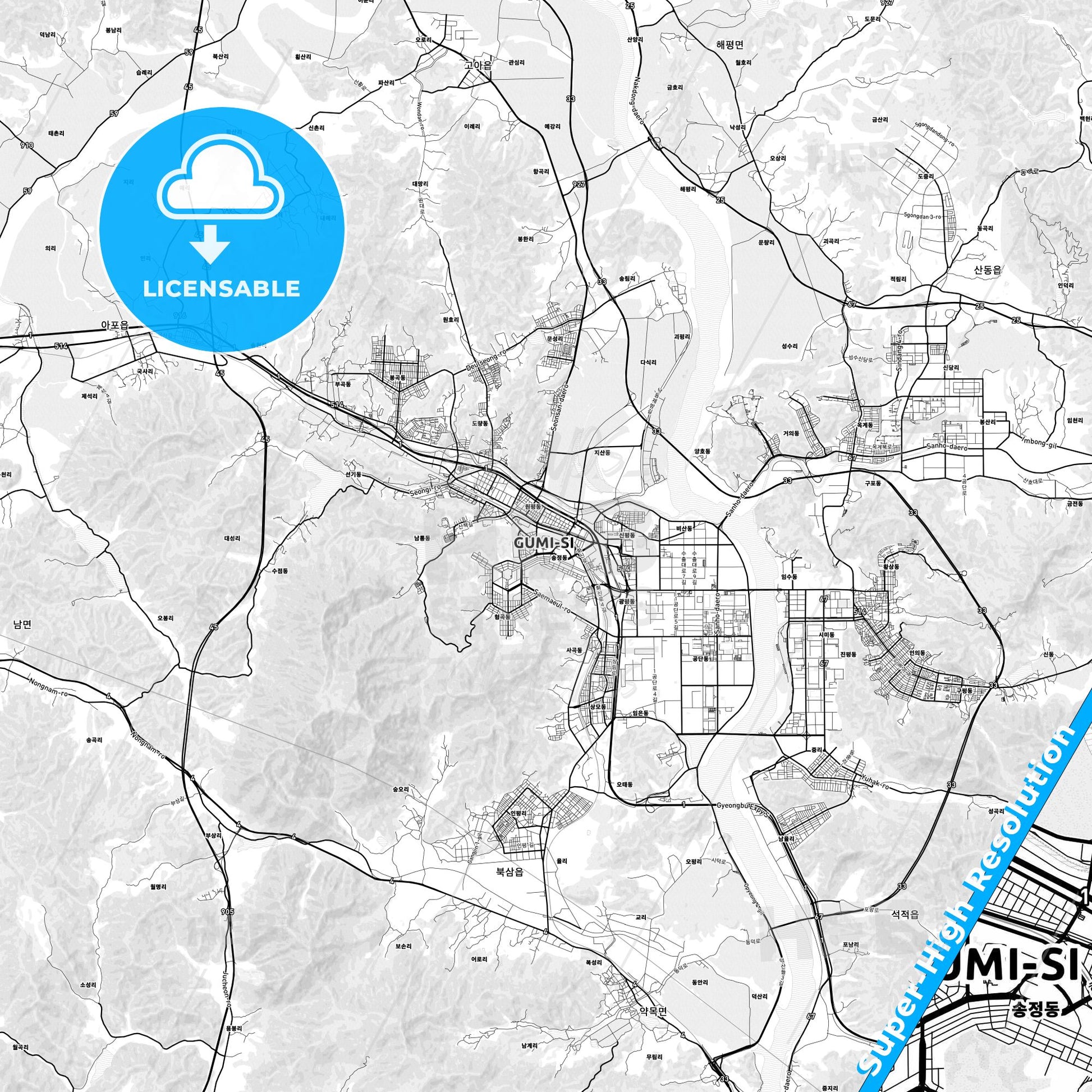 Gumi, South Korea light map with streetnames, citynames and districts