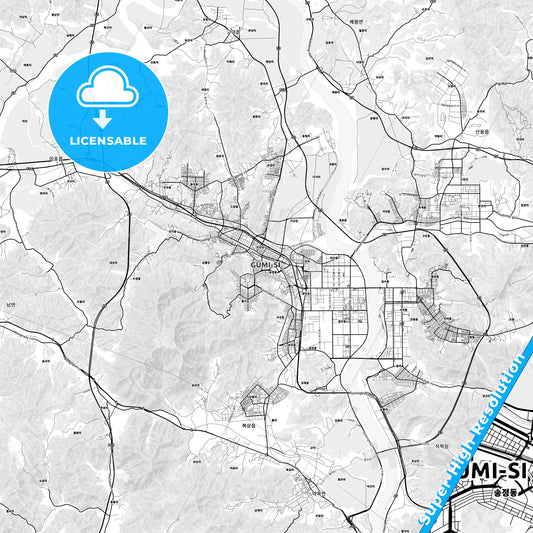 Gumi, South Korea light map with streetnames, citynames and districts