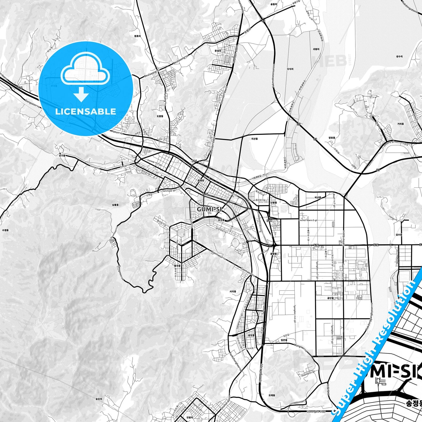 Gumi, South Korea Light Map with Street Names, City Names, and Districts