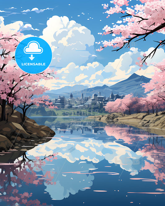 Vibrant Korean Skypaint: Pink Trees by Riverside with Mountains