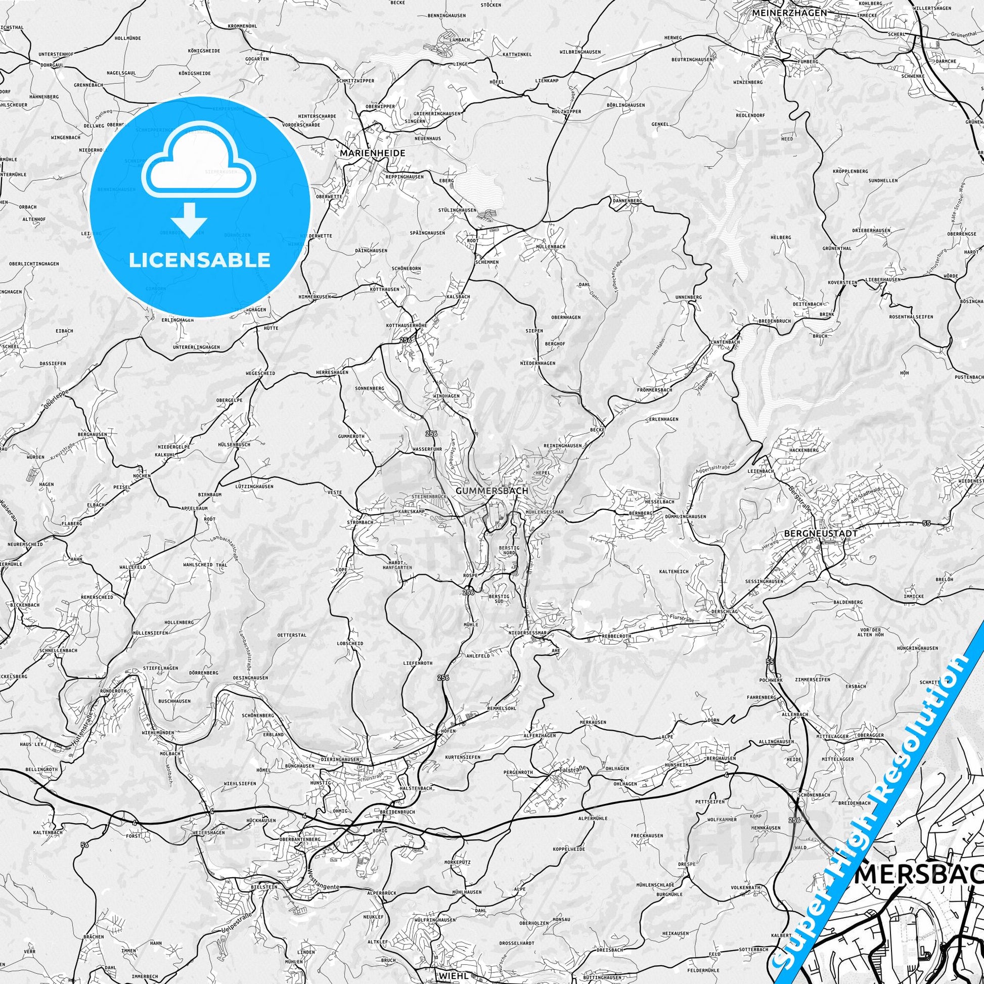 Gummersbach, Germany light map with streetnames, citynames and districts