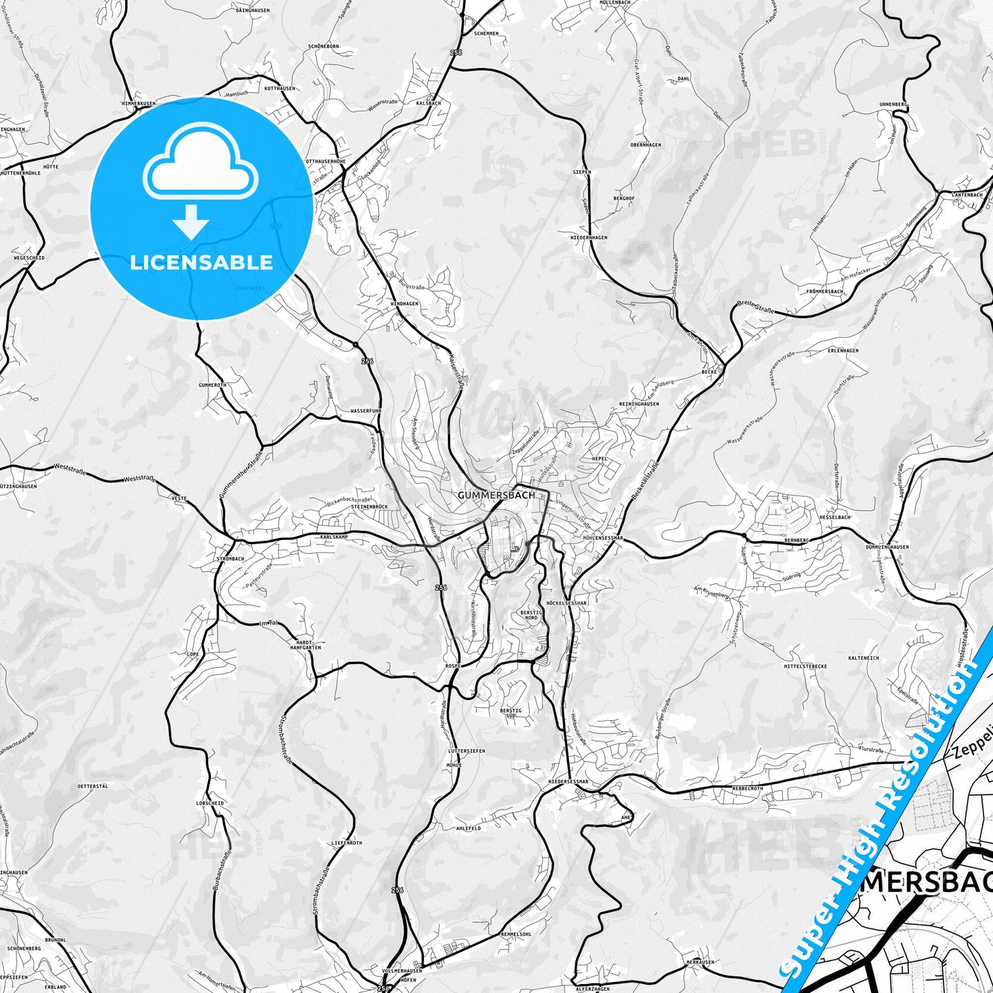 Gummersbach, Germany Light Map with Street Names, City Names, and Districts