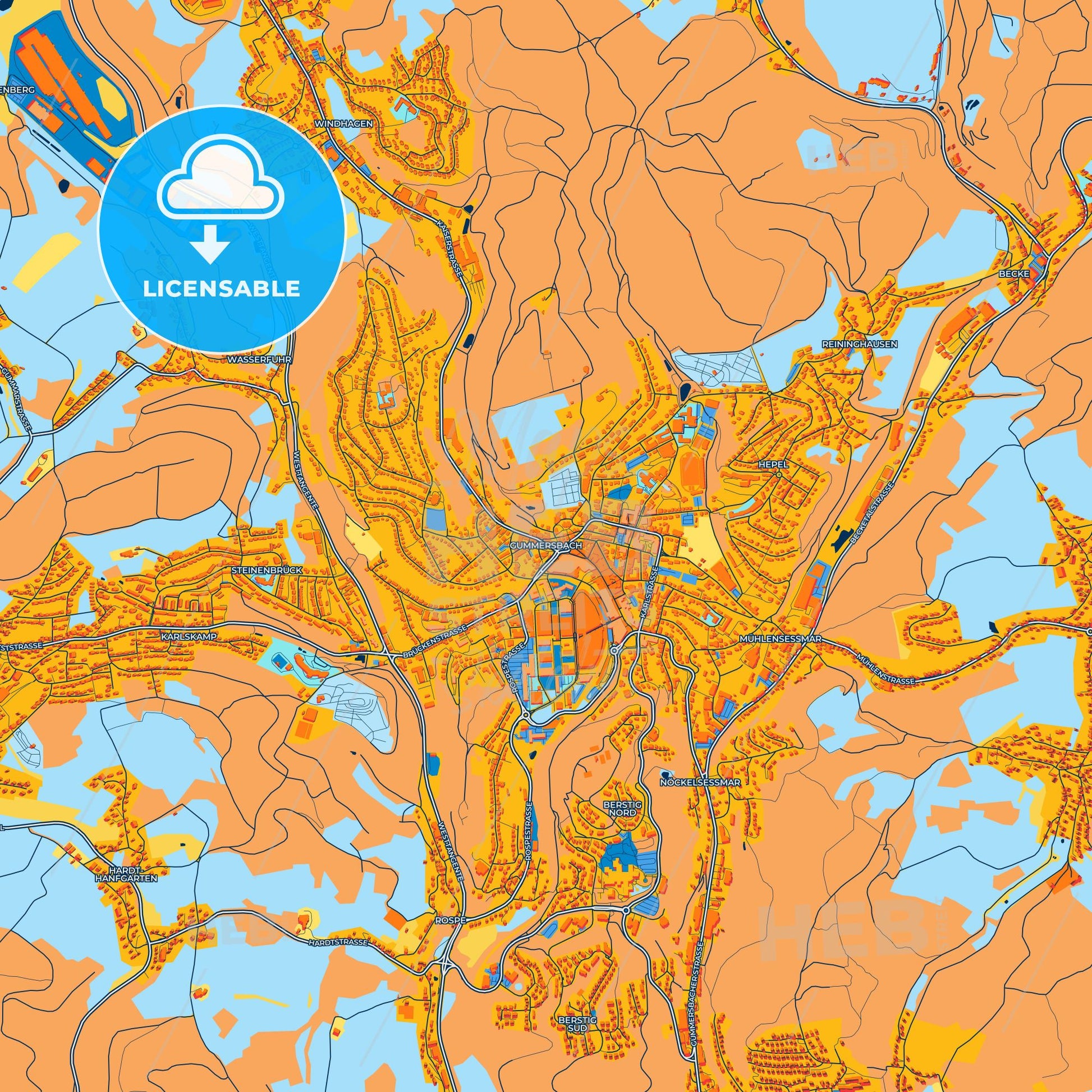 Colorful Gummersbach Street Map with Labels and Buildings