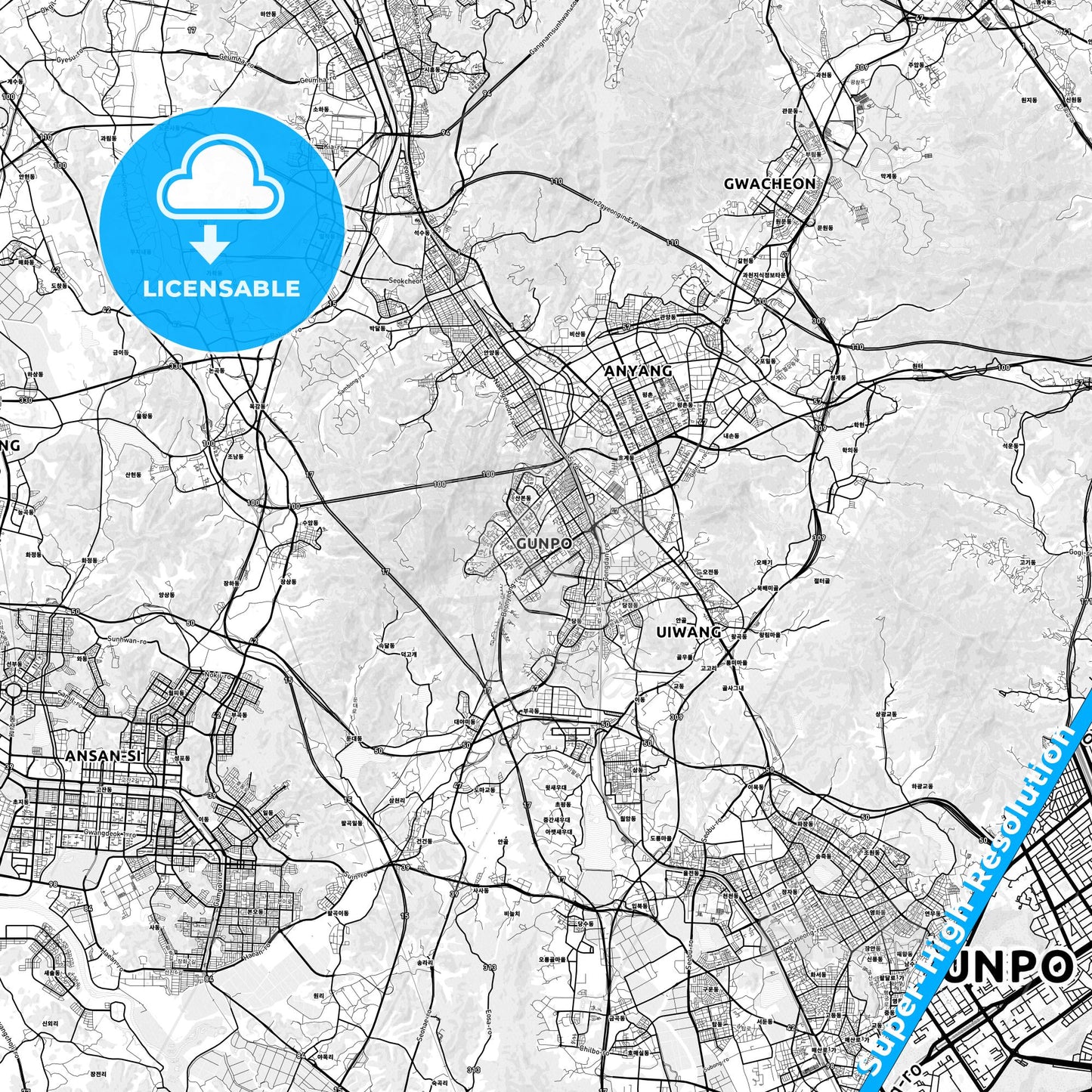 Gunpo, South Korea light map with streetnames, citynames and districts