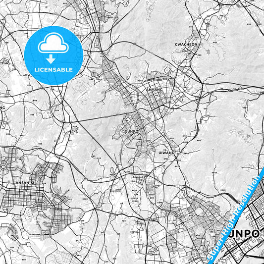 Gunpo, South Korea light map with streetnames, citynames and districts