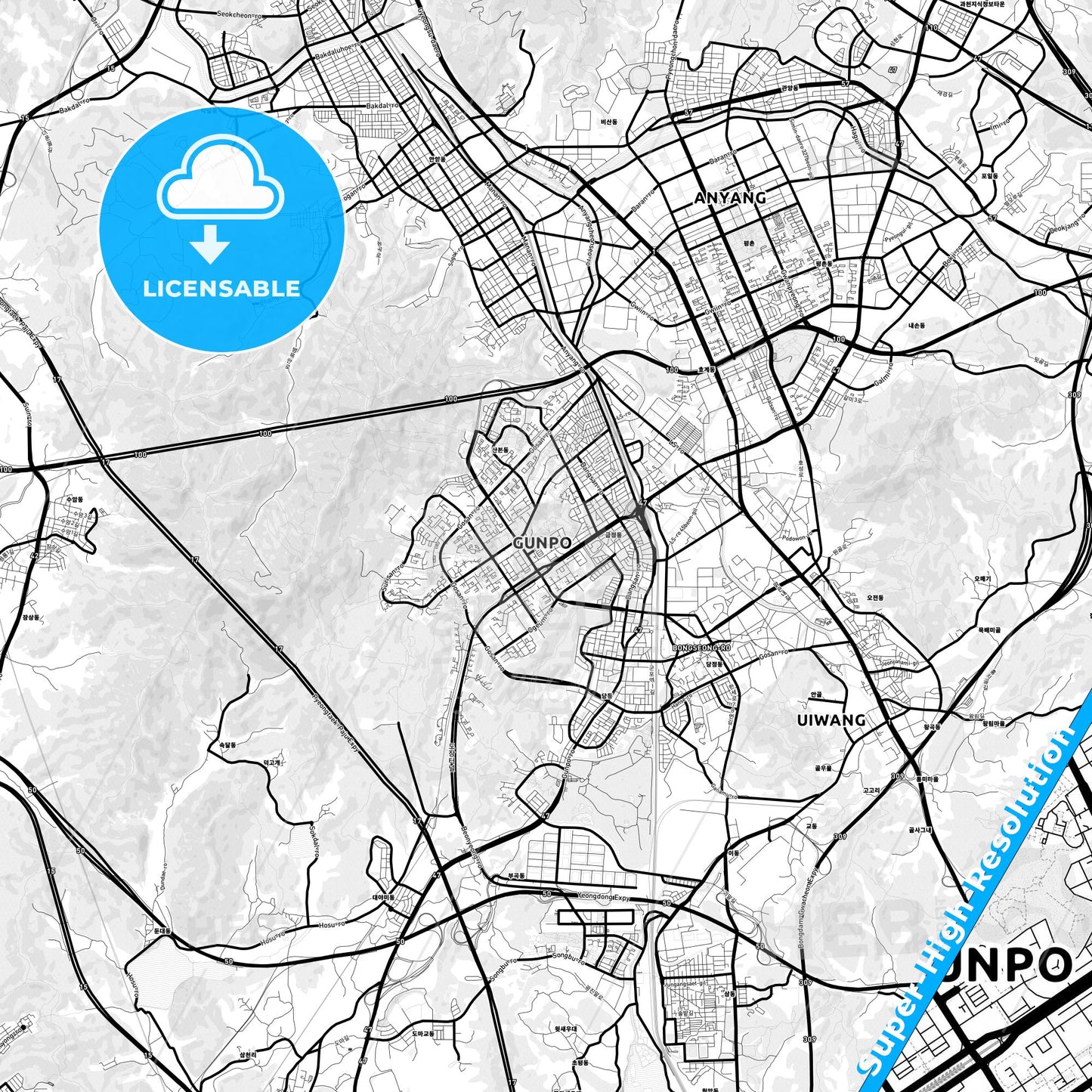 Gunpo, South Korea Light Map with Street Names, City Names, and Districts