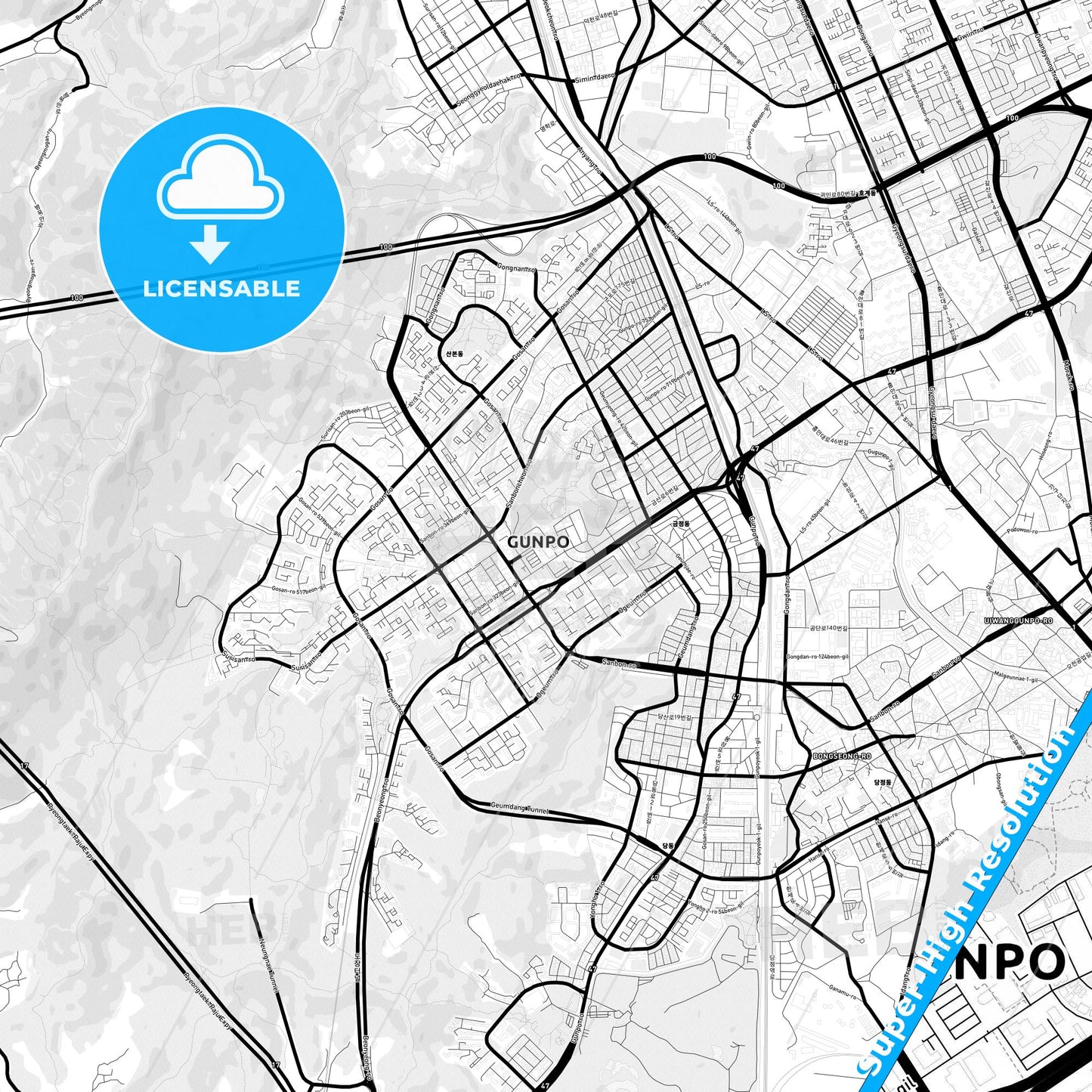 Gunpo, South Korea Light Map with Street Names, City Names, and Districts