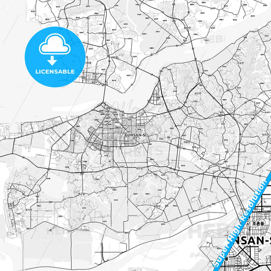 Gunsan, South Korea light map with streetnames, citynames and districts