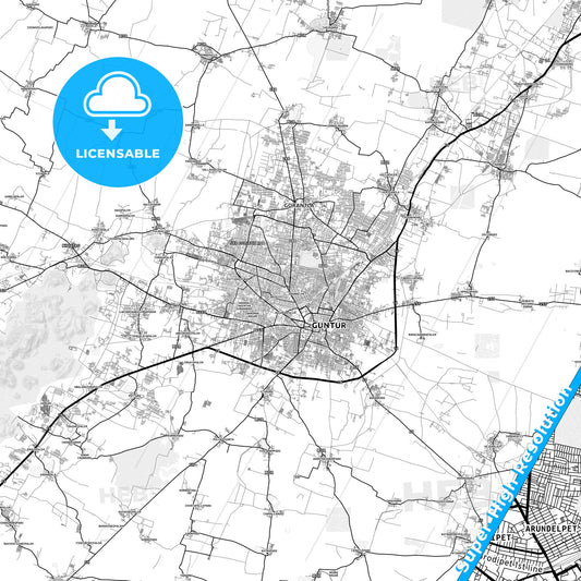 Guntur, India light map with streetnames, citynames and districts