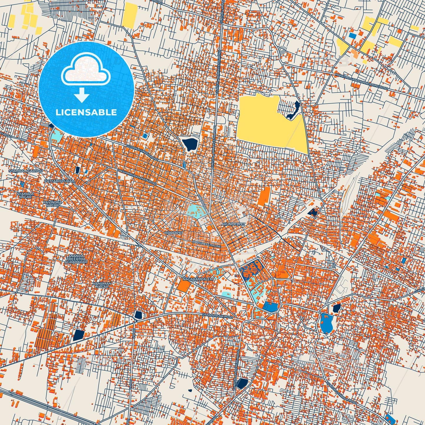 Colorful Guntur Street Map with Labels and Buildings