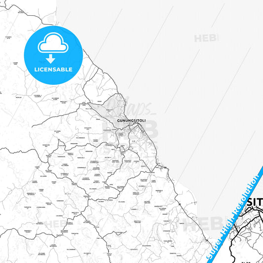 Gunungsitoli, Indonesia light map with streetnames, citynames and districts