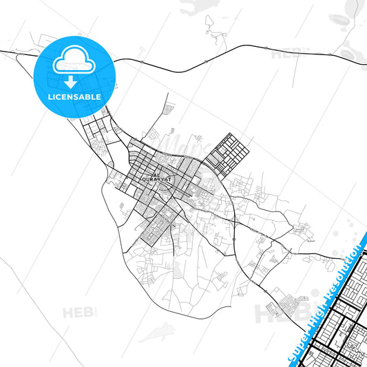 Gurayat, Saudi Arabia light map with streetnames, citynames and districts