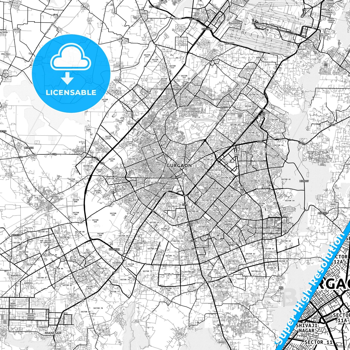 Gurgaon, India light map with streetnames, citynames and districts
