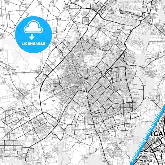 Gurgaon, India light map with streetnames, citynames and districts