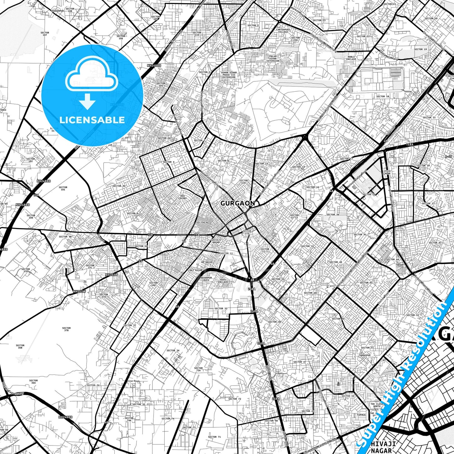 Gurgaon, India Light Map with Street Names, City Names, and Districts