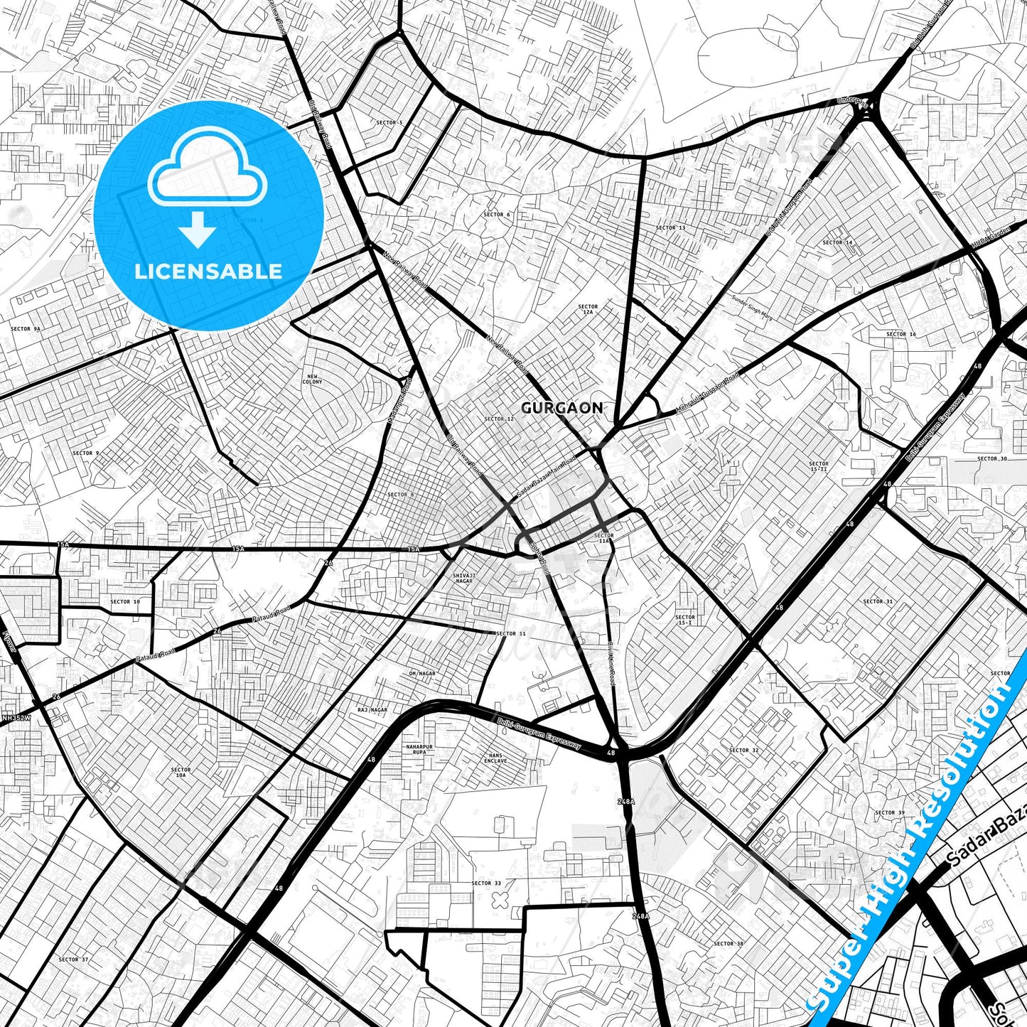 Gurgaon, India Light Map with Street Names, City Names, and Districts