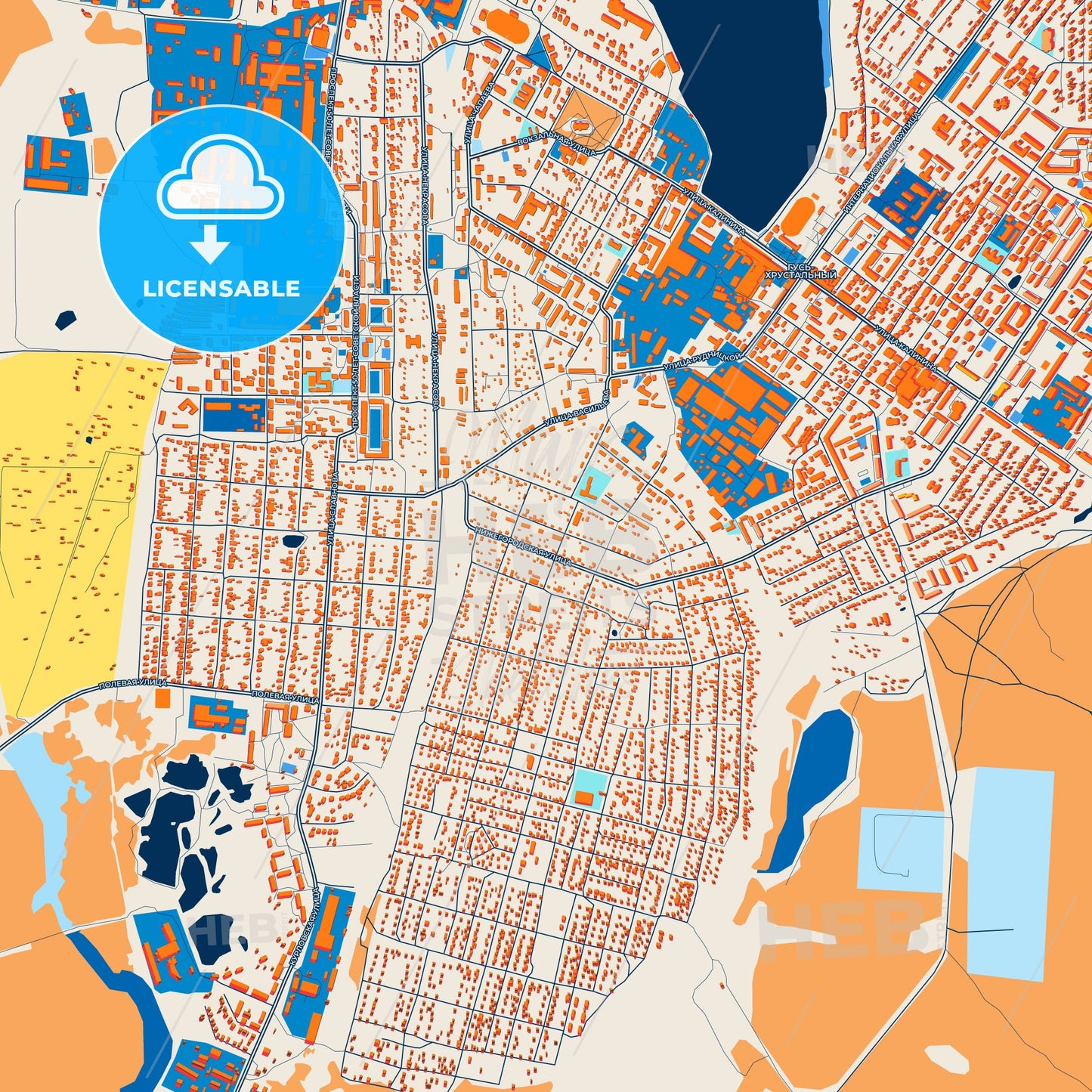 Colorful Gus-Khrustalny Street Map with Labels and Buildings