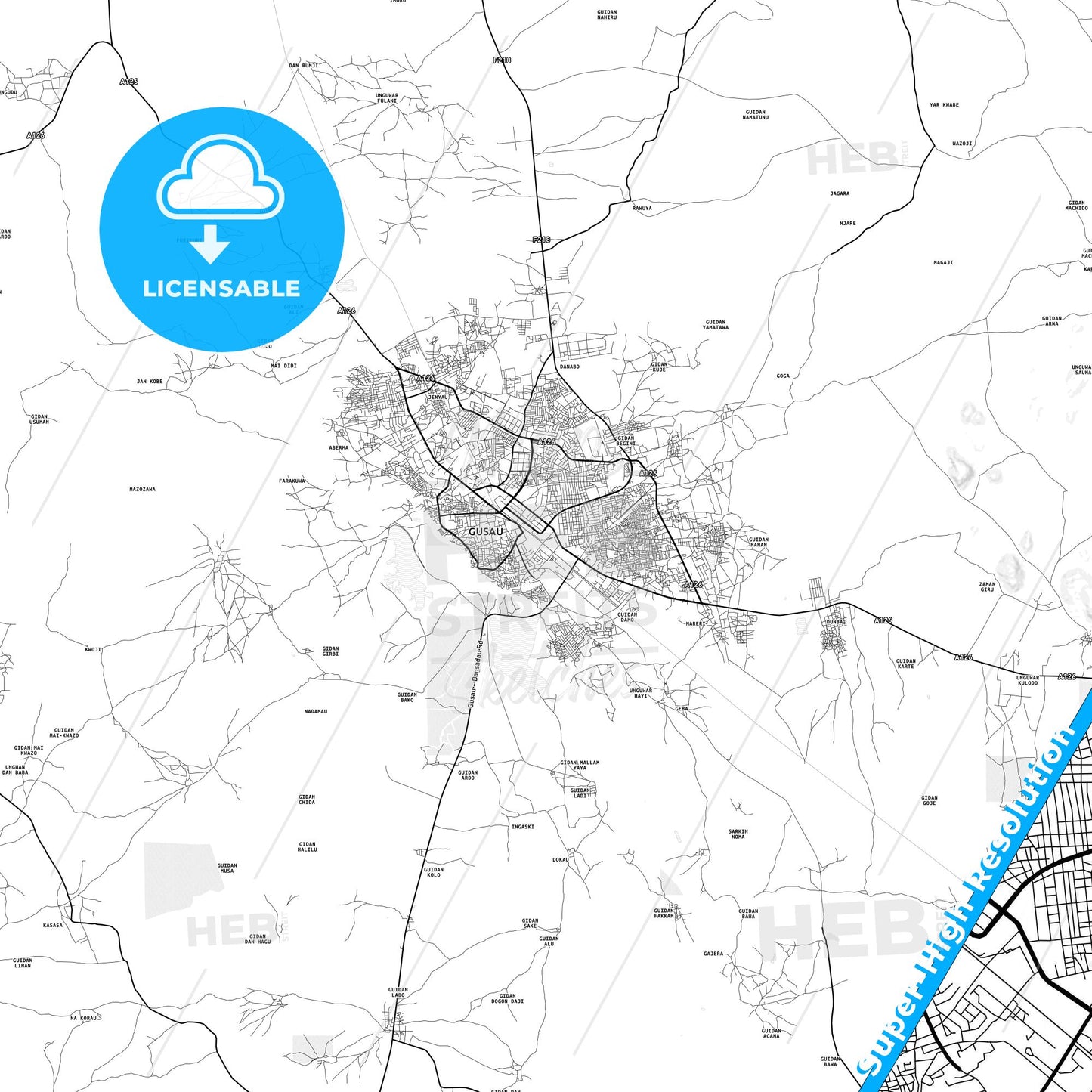 Gusau, Nigeria light map with streetnames, citynames and districts