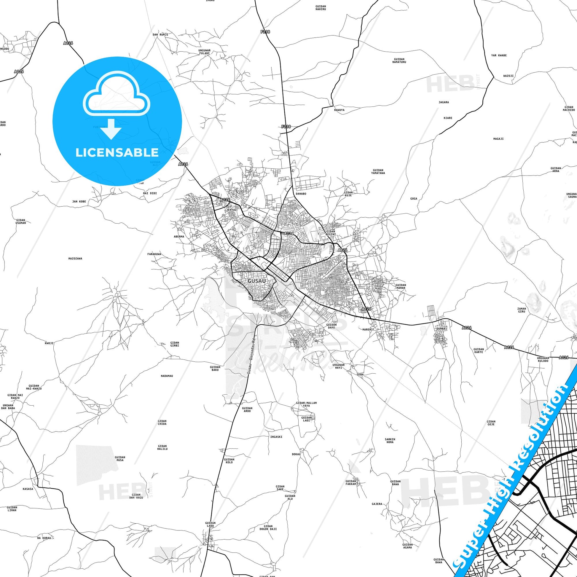 Gusau, Nigeria light map with streetnames, citynames and districts