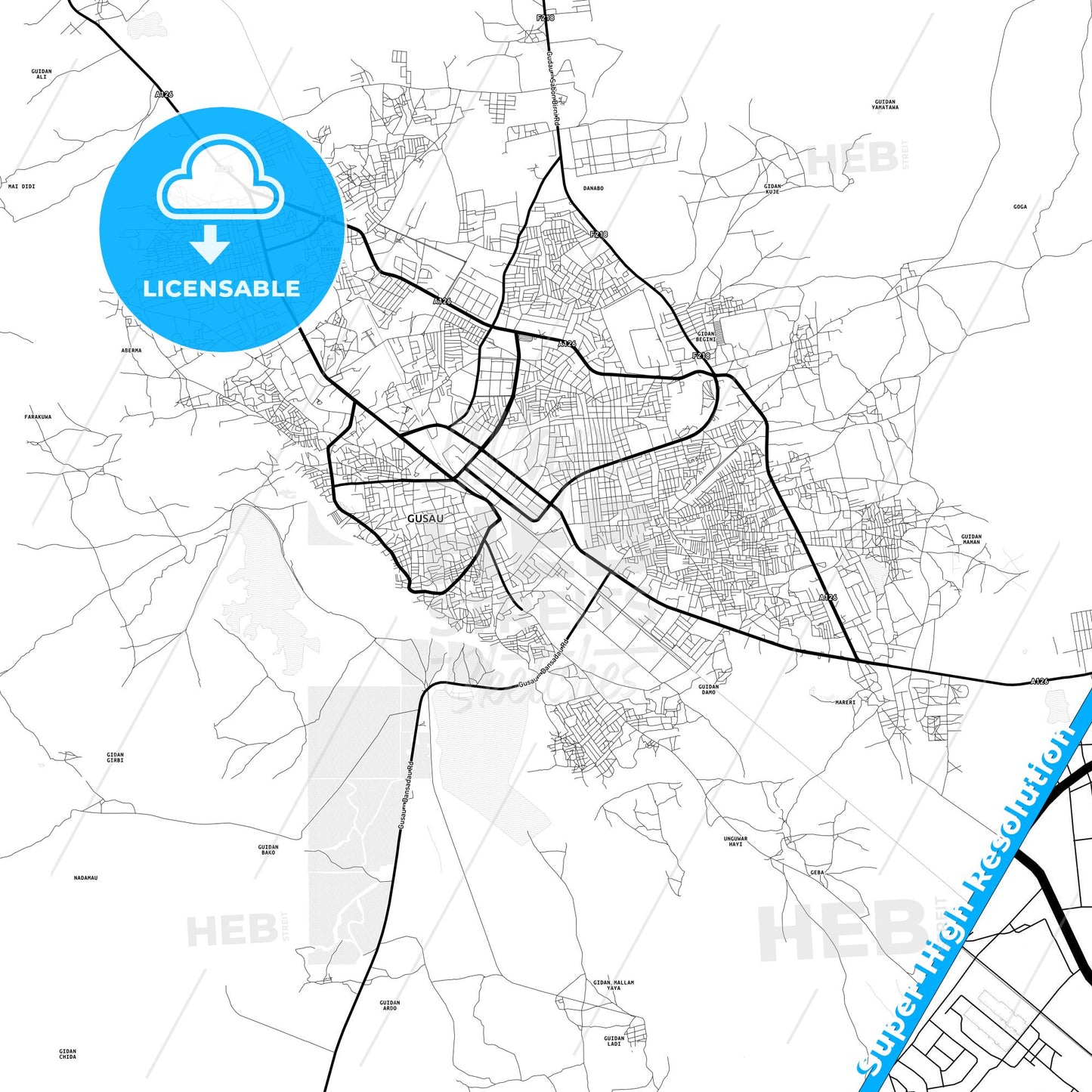Gusau, Nigeria Light Map with Street Names, City Names, and Districts