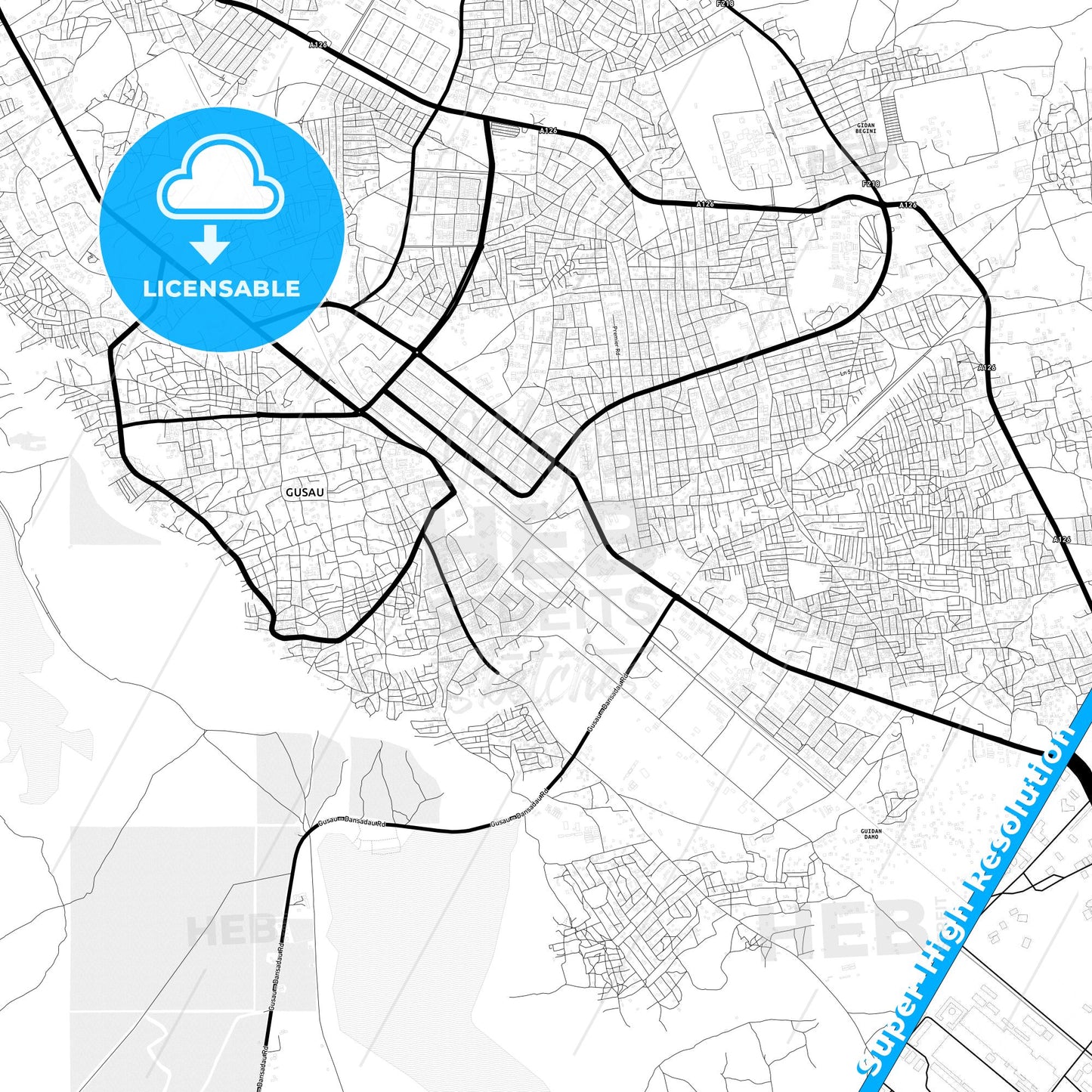Gusau, Nigeria Light Map with Street Names, City Names, and Districts