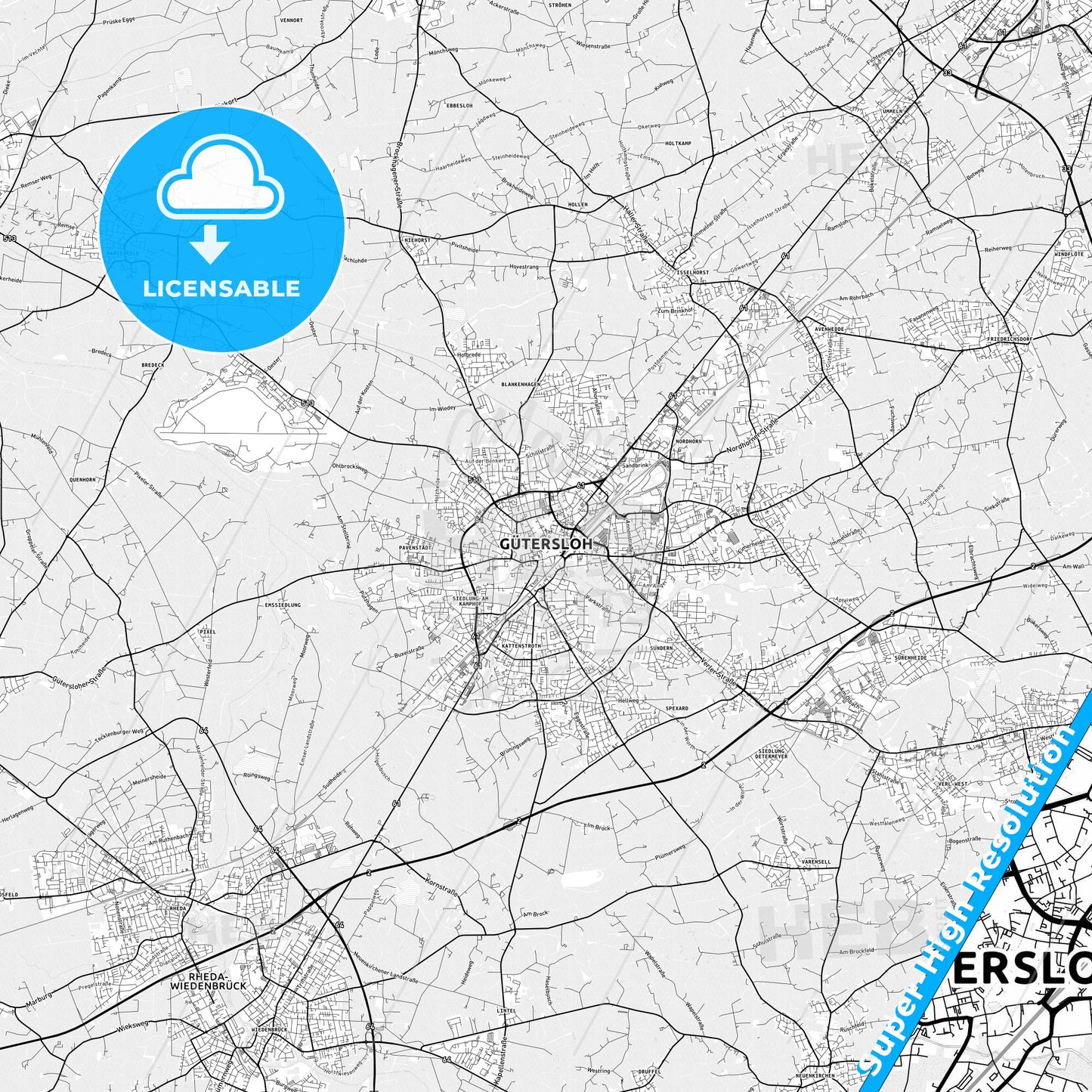 Gutersloh, Germany light map with streetnames, citynames and districts
