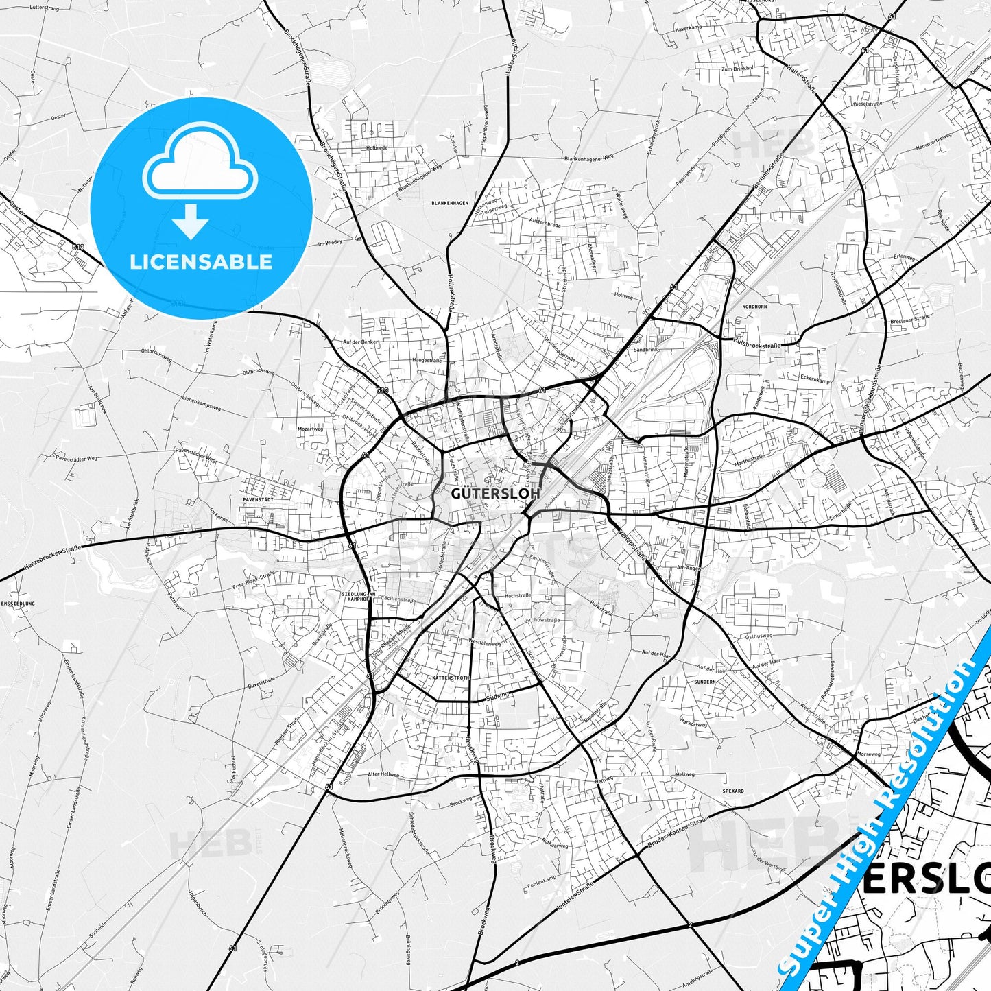 Gutersloh, Germany Light Map with Street Names, City Names, and Districts