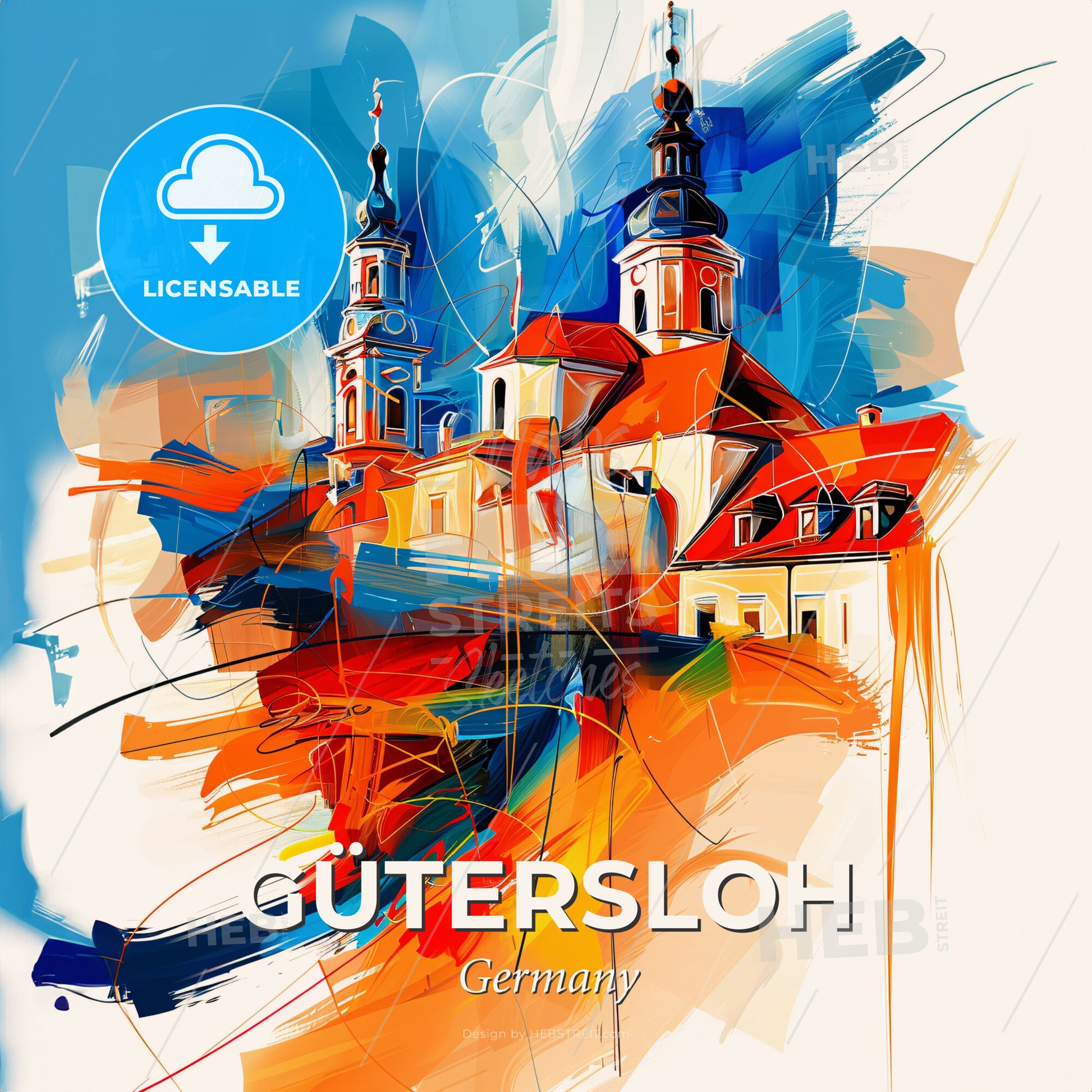 Vibrant Gütersloh, Germany - A Painting Of A Building With Towers - Square format print template