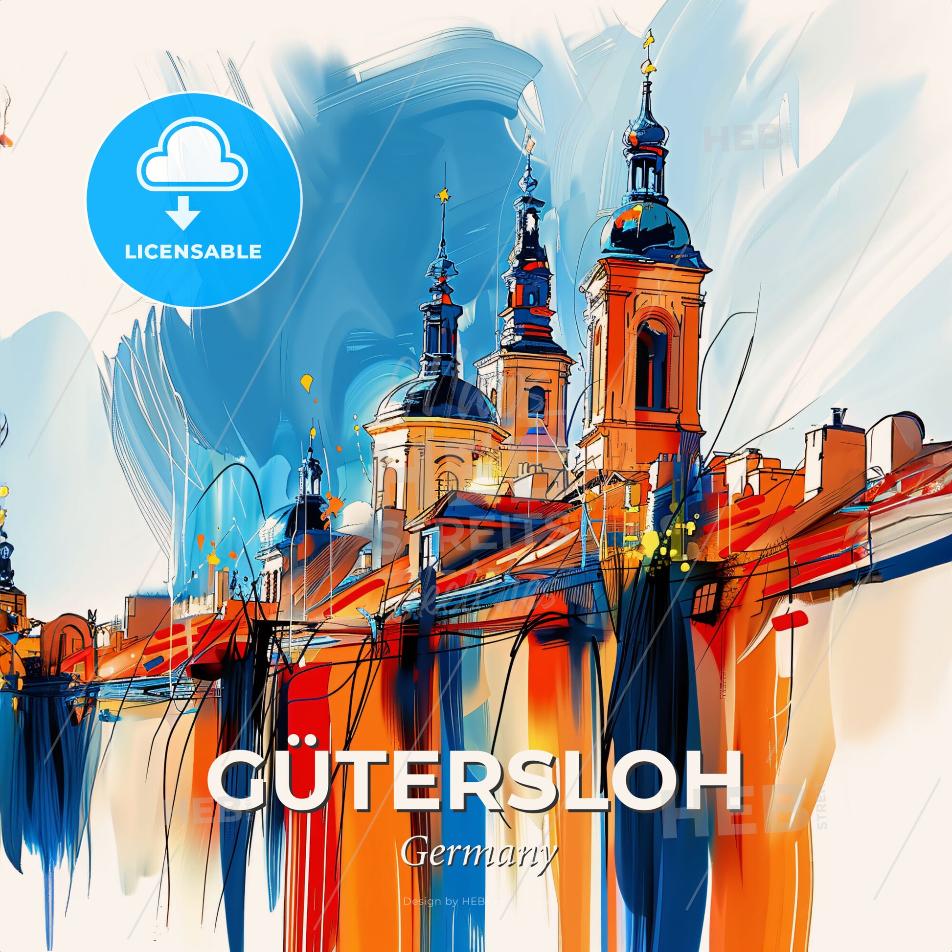 Vibrant Gütersloh, Germany - A Painting Of A Building With Towers - Square format print template